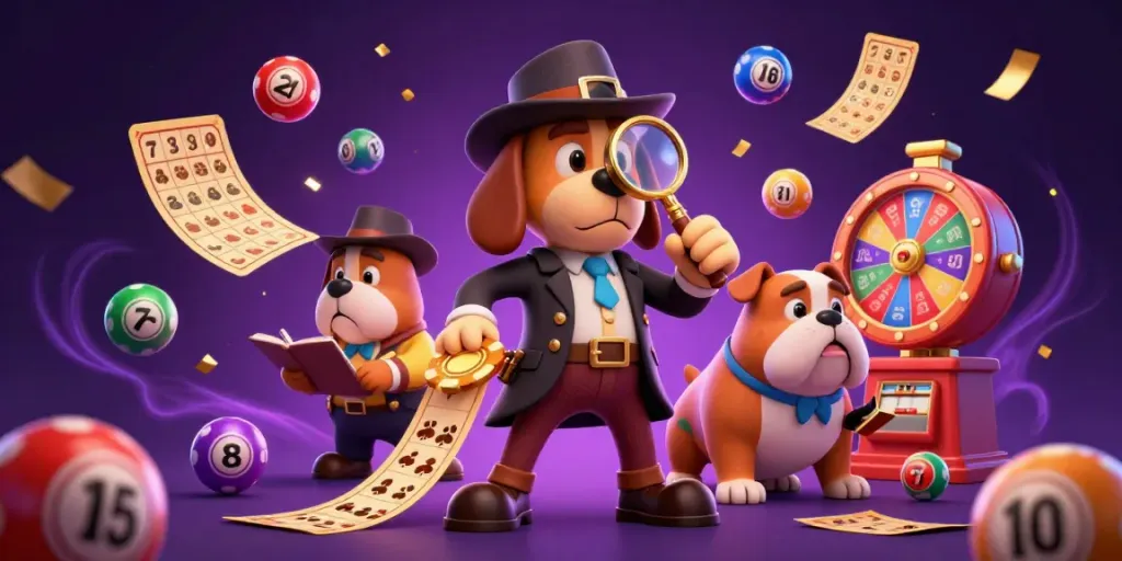 Join the cm88 detective duo as they uncover casino treasures amidst floating lottery balls and vibrant game elements.