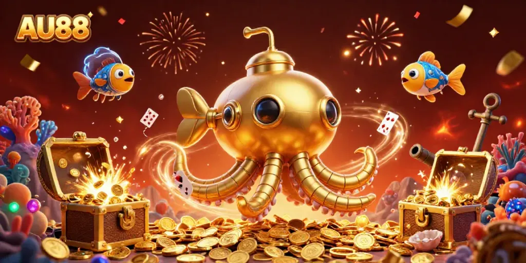Play thrilling games at AU88 with a 3D kraken submarine surrounded by treasures, cards, and fish.