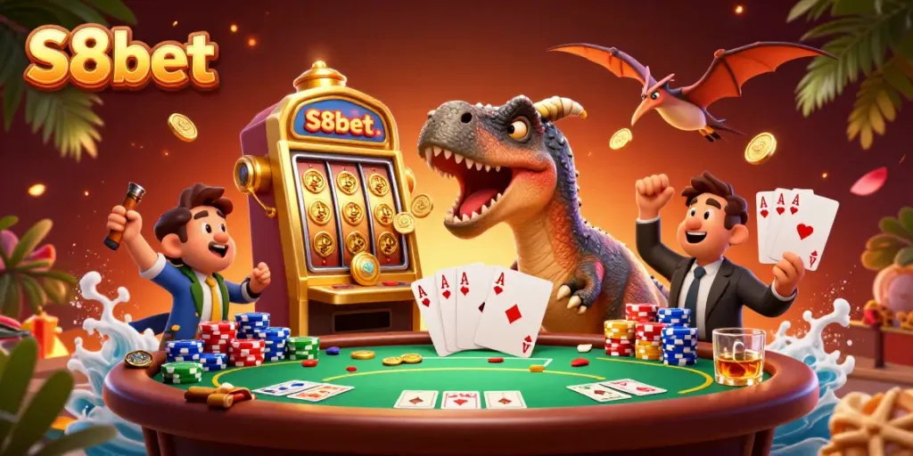 S8bet characters celebrate jackpot wins with a colorful scene filled with slot machines and poker elements.