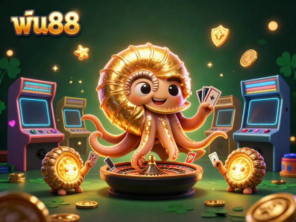 Engage with ฟัน88 through this vibrant 3D illustration showcasing a nautilus roulette wheel amidst casino game elements.