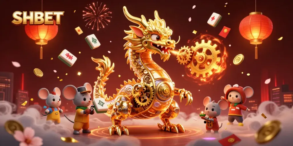 Capture the thrill of SHBET casino experience with a golden dragon and vibrant game elements.