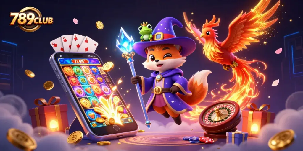 Engage with 789CLUB's magical gaming world featuring a wizard fox and vibrant casino elements.