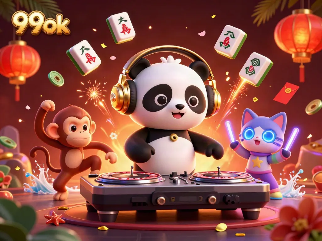 Experience the exciting world of 99ok with a vibrant 3D casino scene featuring animated characters immersed in gameplay.