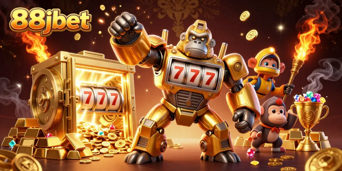 Engage with 88jbet through a vibrant 3D illustration of a golden gorilla mech and casino elements.