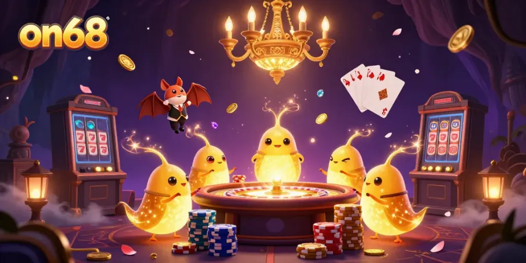 Experience thrilling gambling excitement at on68 with a vibrant casino scene featuring glowworms lighting the atmosphere.