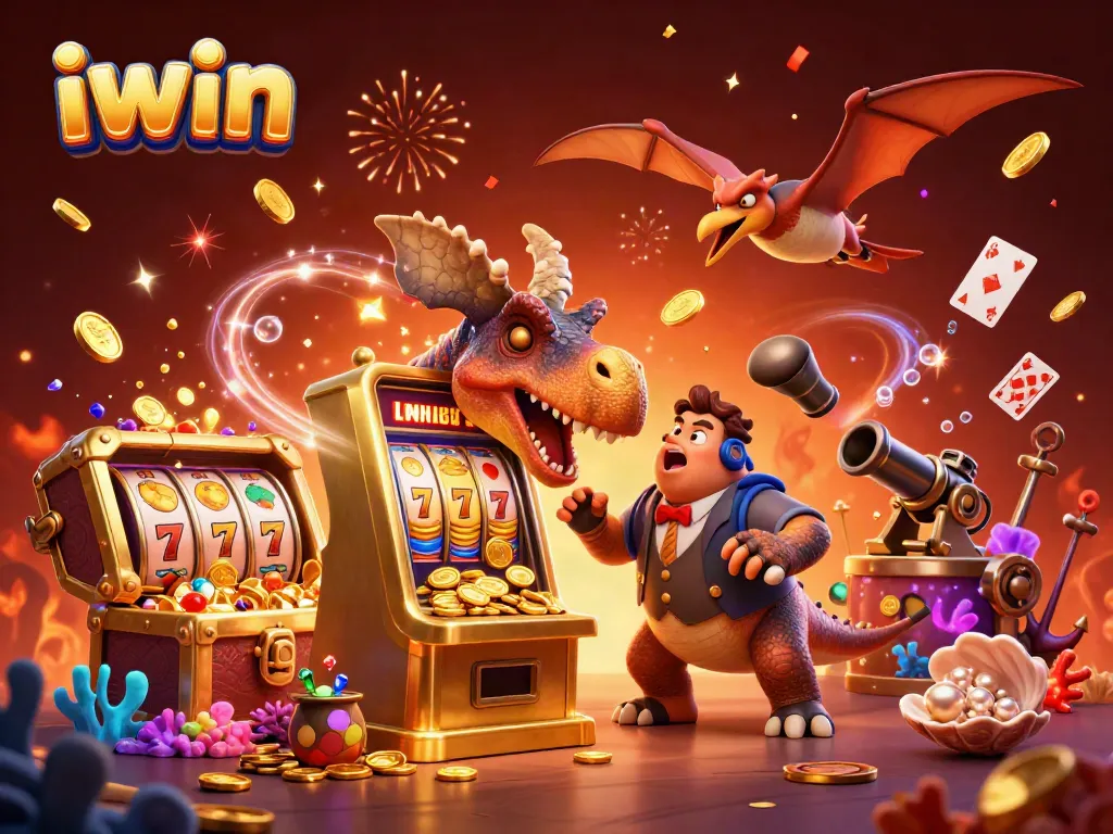 iwin brings excitement as characters interact with a golden slot machine amidst vibrant casino elements.
