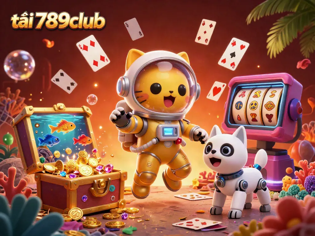 Experience the excitement of tải 789club with this vibrant gaming illustration featuring an astronaut cat and robot dog among casino games.