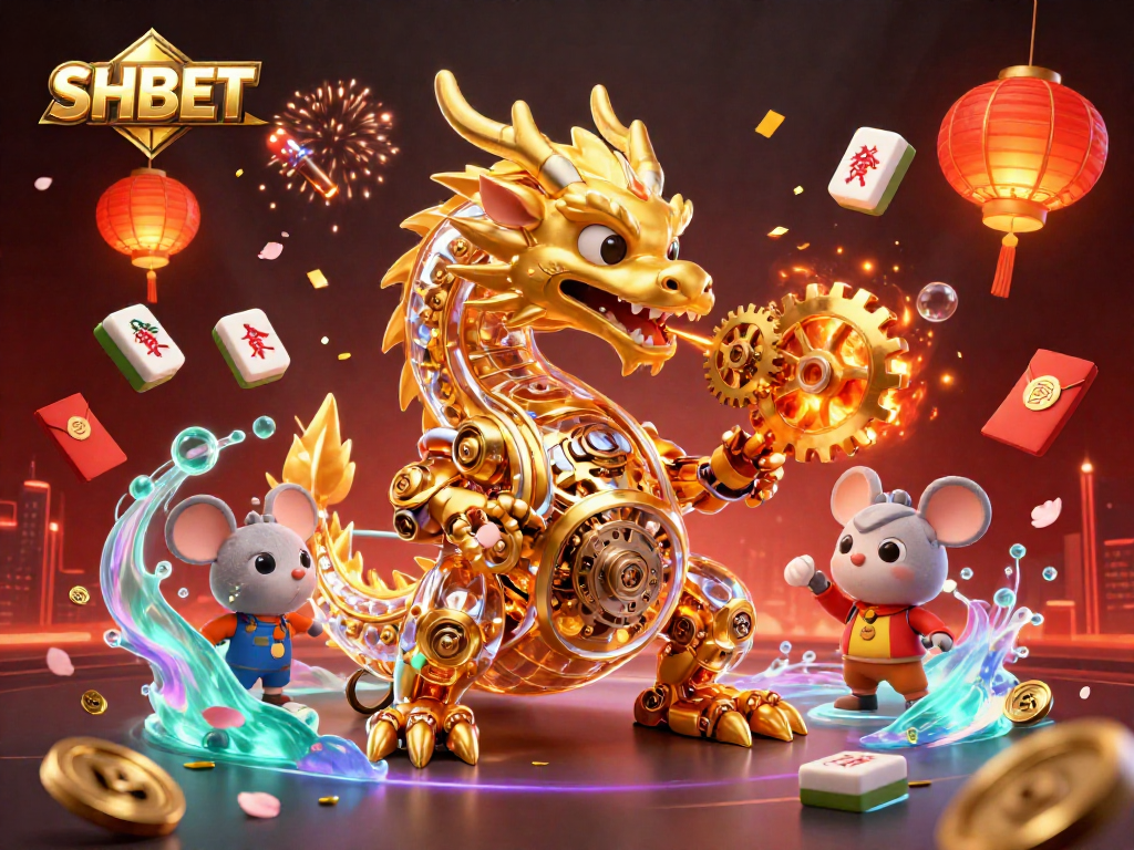 Experience the exhilarating world of SHBET with a biomechanical dragon breathing golden gears in a captivating casino scene.