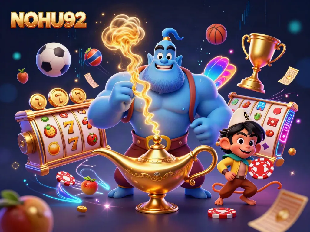 Engage with NOHU92's thrilling casino atmosphere featuring a powerful genie and dynamic gambling elements.