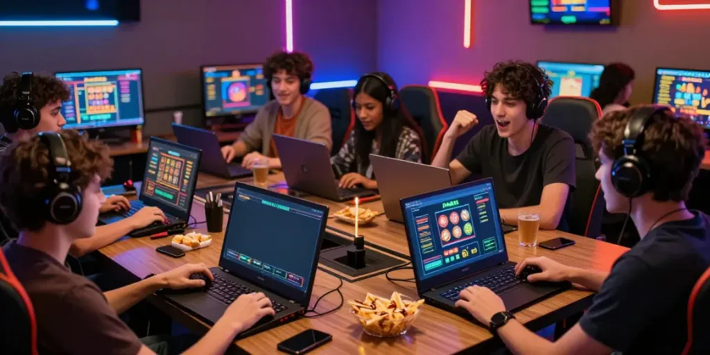 Diverse friends enjoying online gaming at DA88 with lively atmosphere and LED lights.