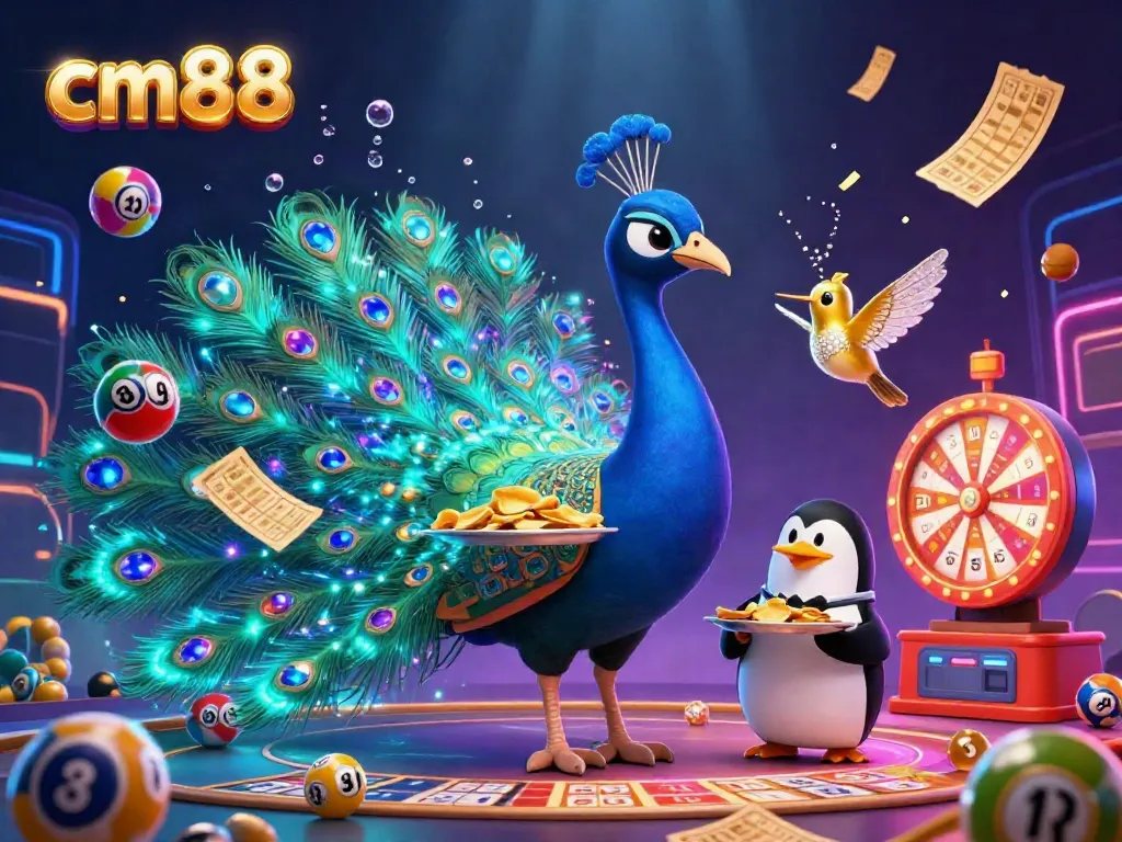 Experience exciting gameplay at cm88 with a vibrant 3D scene showcasing a peacock, butler penguin, and golden hummingbird amidst dynamic casino elements.