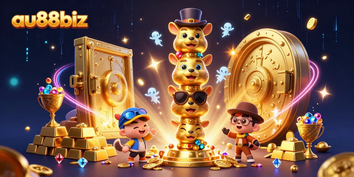 Experience the excitement at au88biz with a vibrant 3D casino scene featuring a dynamic golden totem and treasure.