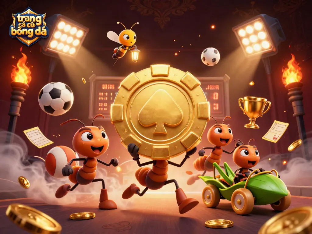 Join the excitement at trang cá cược bóng đá while ants carry a giant poker chip in a vibrant sports scene.