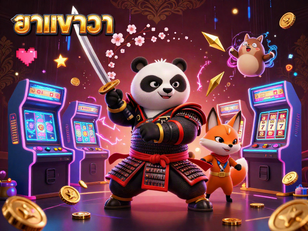 แทงบาคาร่า scene featuring a samurai panda, ninja fox, and spirit tanuki with casino elements.