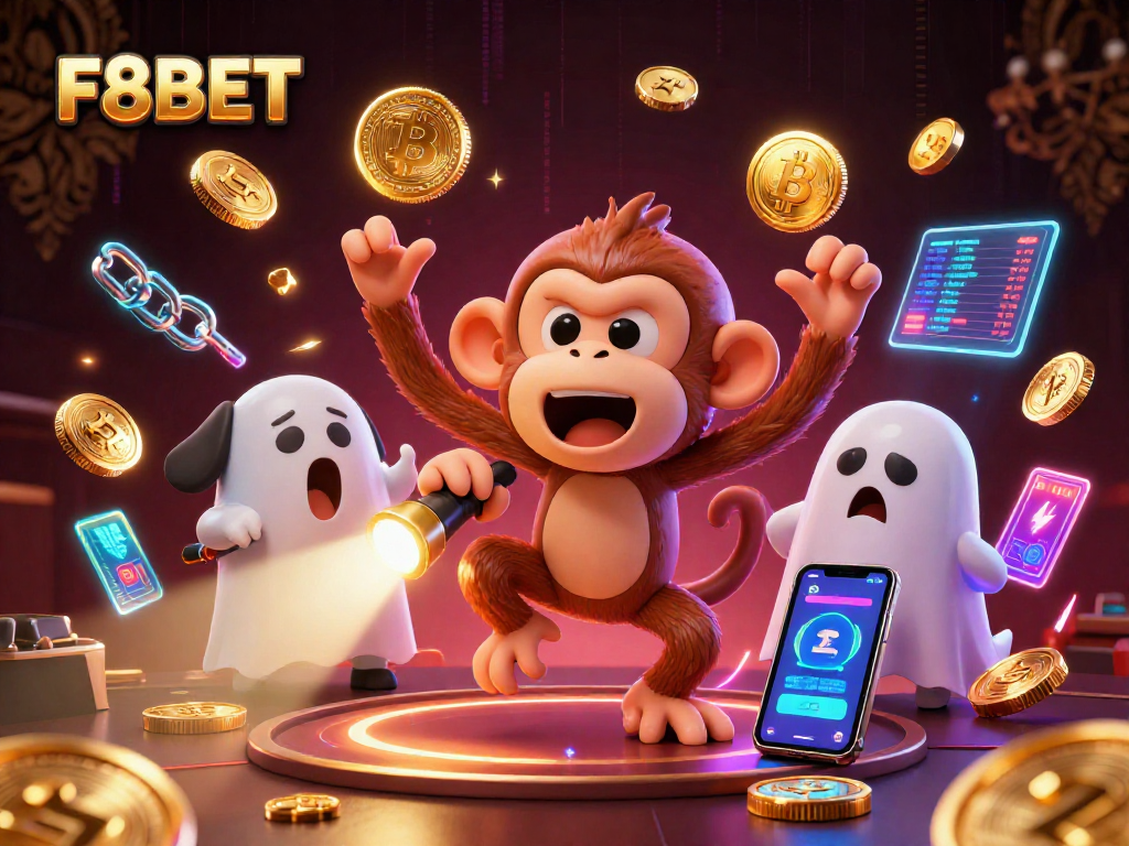 Engage with F8BET, where the mischievous poltergeist monkey juggles gold in a vibrant casino atmosphere.