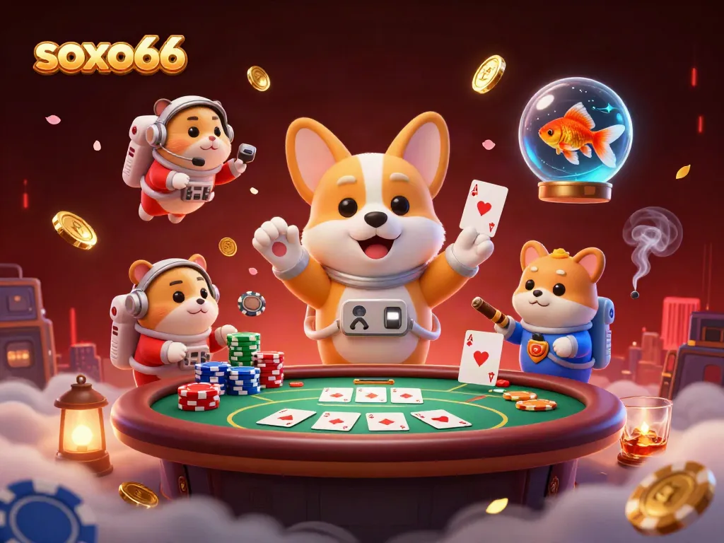 Play and win with soxo66: 3D illustration of a space casino filled with poker elements.