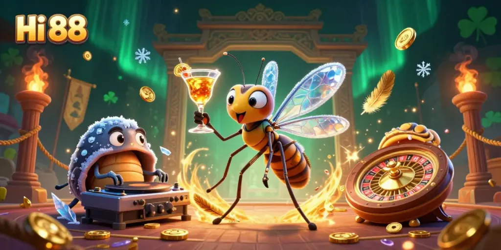 Experience excitement at Hi 88 with a casino scene featuring a unique mascot and gaming elements.