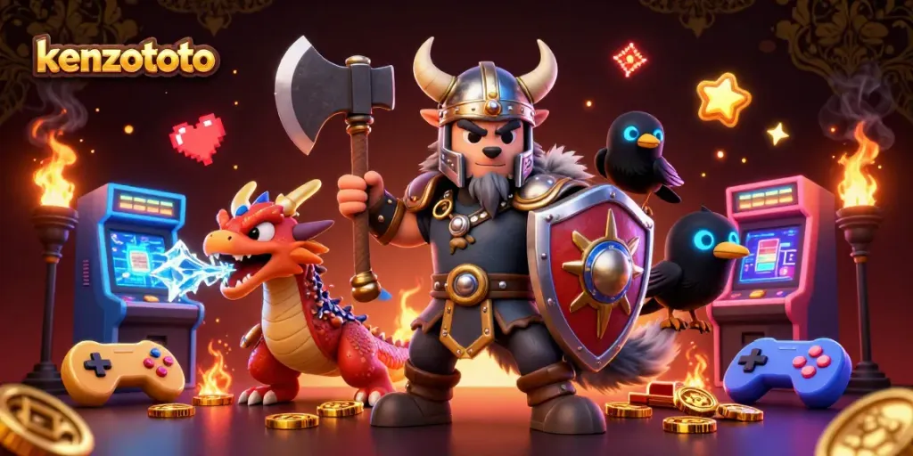 Experience kenzototo's premium gaming with a vibrant illustration of a Viking wolf warrior and fantasy elements.