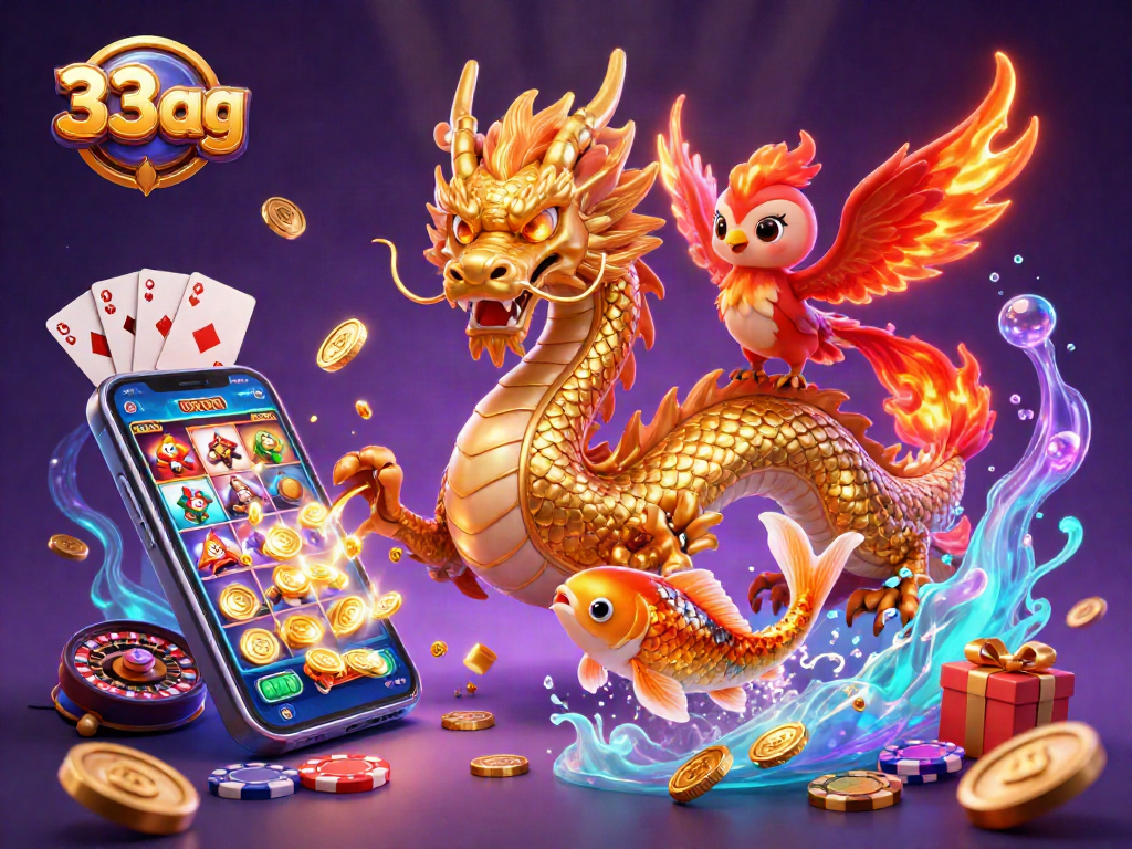 33ag showcases a captivating 3D scene with a golden dragon amidst casino elements, enticing players to win.