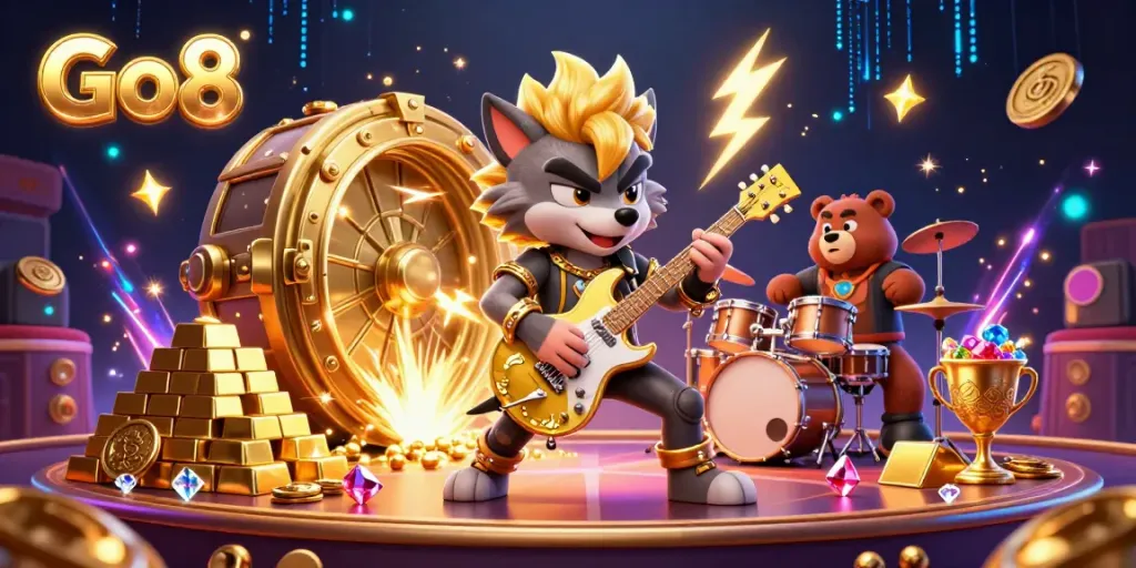 Go8 showcases a vibrant casino scene with a rock star wolf and drummer bear amidst golden treasures and electric energy.