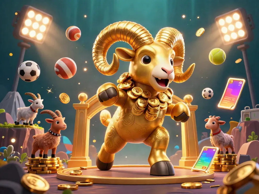 Experience the thrill of ee88 with a dynamic golden ram charging through a casino scene filled with sports excitement.