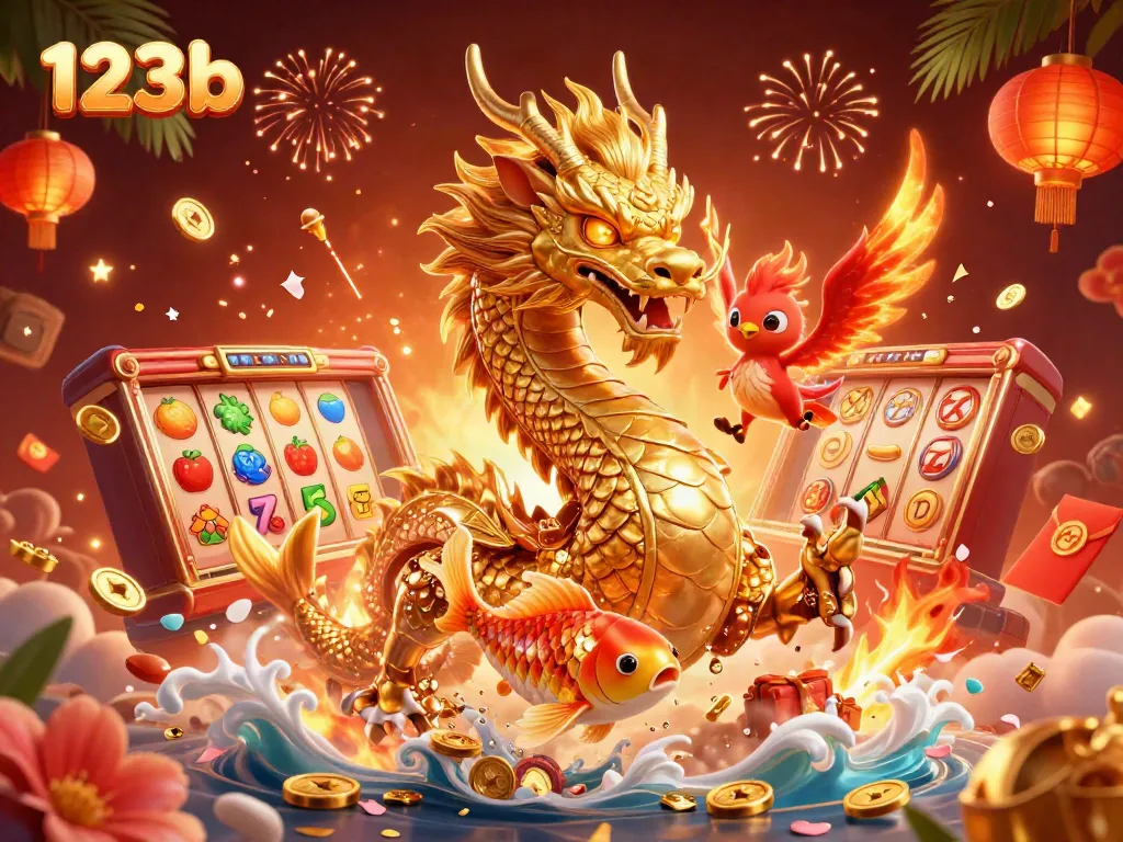 Experience the excitement of 123b as golden dragons and phoenixes swirl among slot machines and lucky coins.