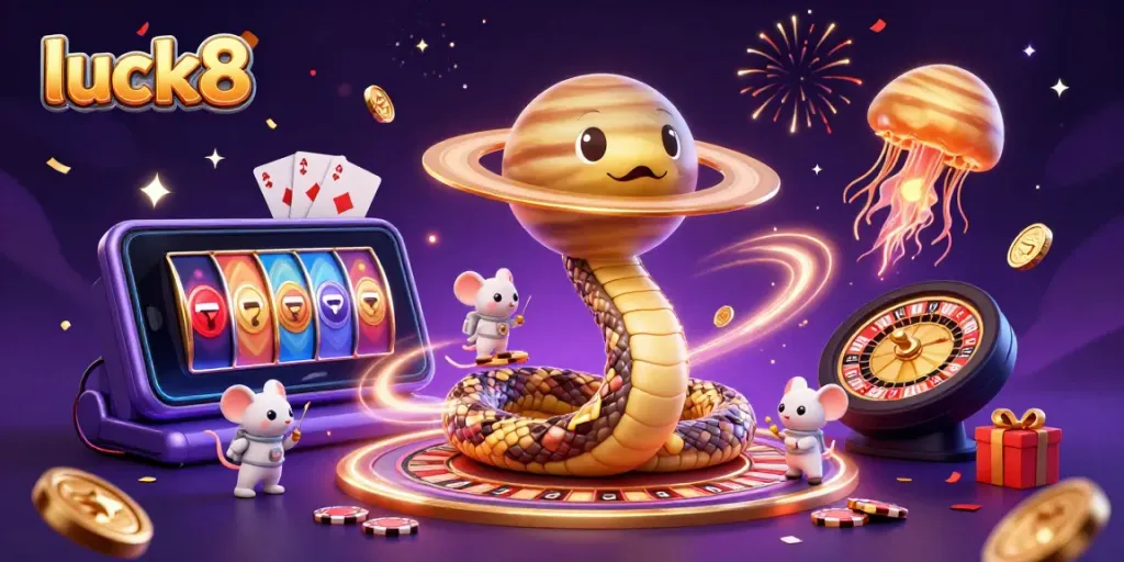 Engage with luck8's unique casino experience featuring a cosmic roulette scene and vibrant gaming elements.