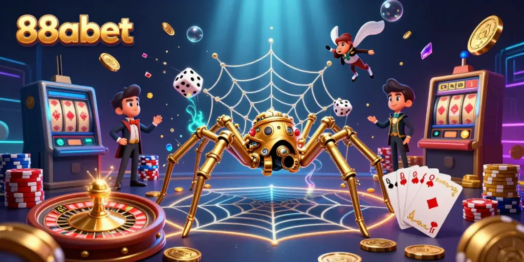 Experience the thrill of 88abet with a dynamic casino scene featuring golden spider webs and floating gems.