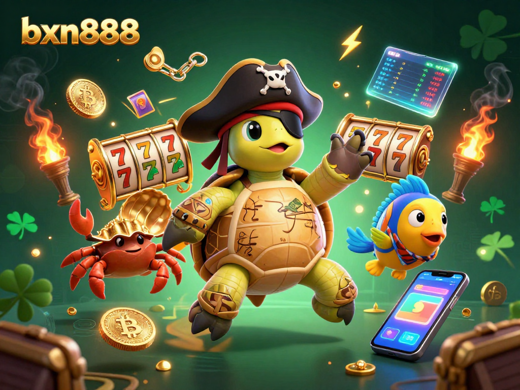 Spin the reels at bxn888 with a lively pirate turtle, hermit crab, and colorful fish!