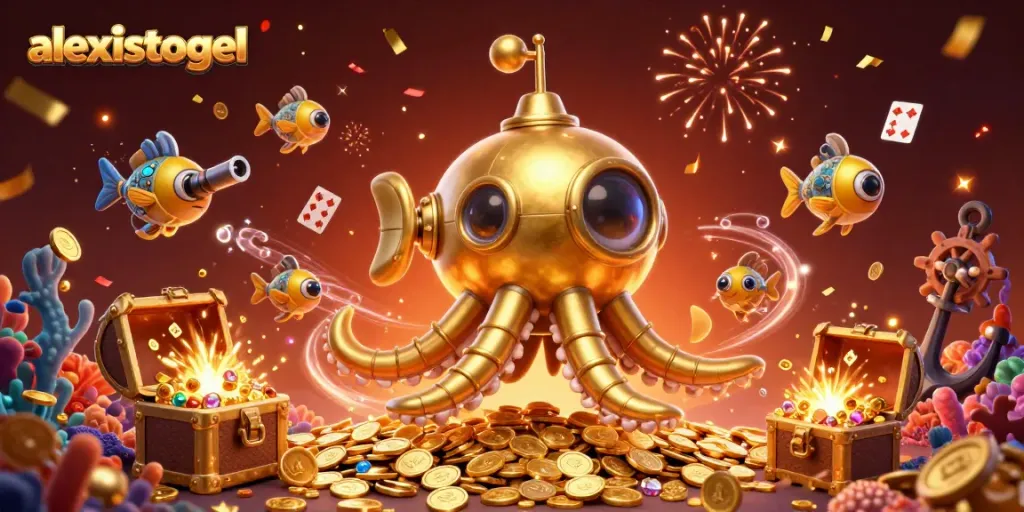 Permainan lotere alexistogel dengan ilustrasi kraken emas dan koin yang melimpah