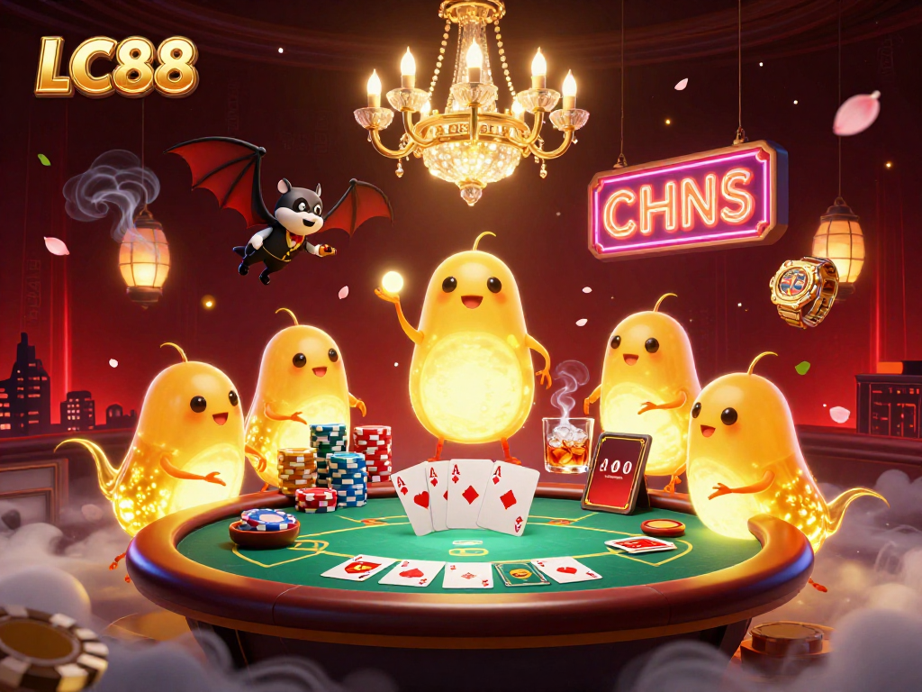 Experience the excitement of LC88 with a dynamic 3D casino scene featuring vibrant glowworms and rich poker elements.