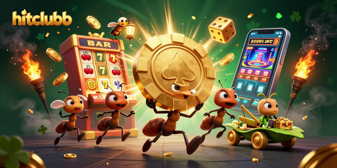 Hitclubb heist scene featuring ants carrying a giant poker chip with slot machine jackpot elements.