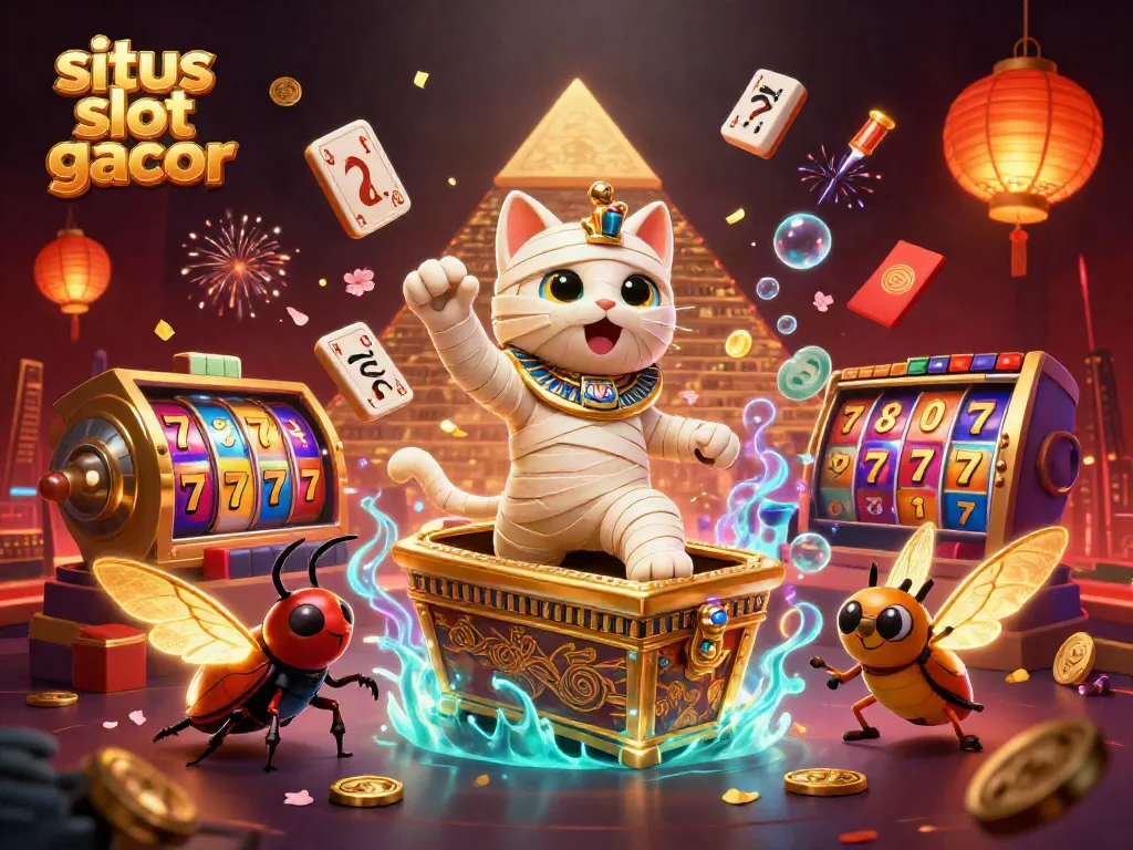 Spin the reels with situs slot gacor featuring a vibrant 3D scene of an Egyptian mummy cat and golden lotus elements.