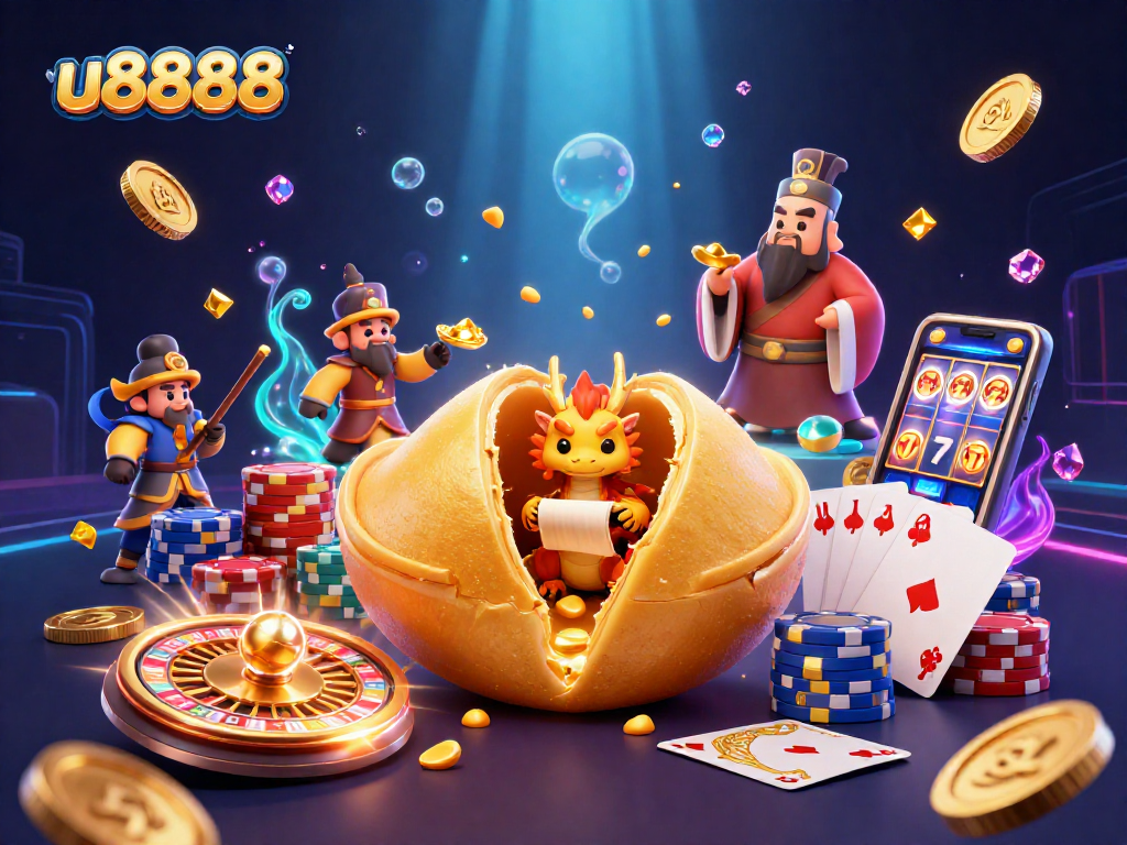 Experience thrilling gameplay at u8888 with a dynamic casino scene featuring a golden dragon and treasure.