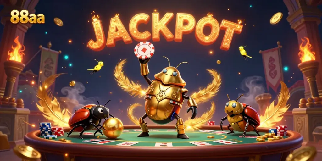 88aa hercules beetle winning at a poker game surrounded by gold coins and jackpot fireflies.