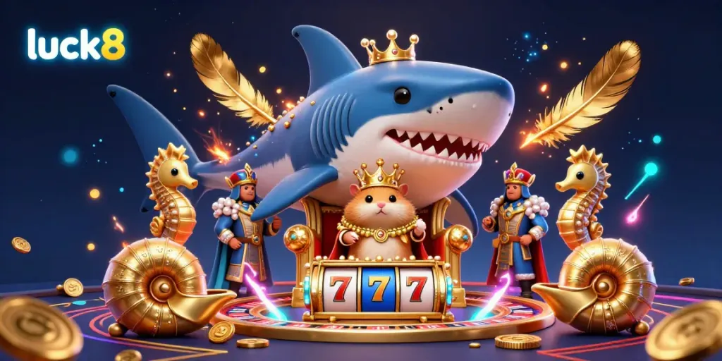 Experience gaming excitement at luck8 with a golden hamster king in a majestic casino throne amidst vibrant slot machines.