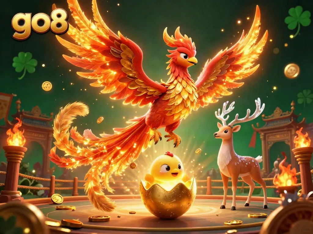 Engage with go8's thrilling casino experience, featuring a phoenix hatching among golden glory.