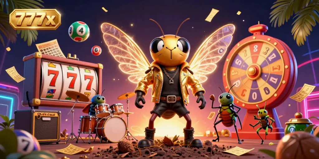 Engage in the vibrant casino world of 777x, featuring animated characters including a cicada rock star and game elements like slot reels.