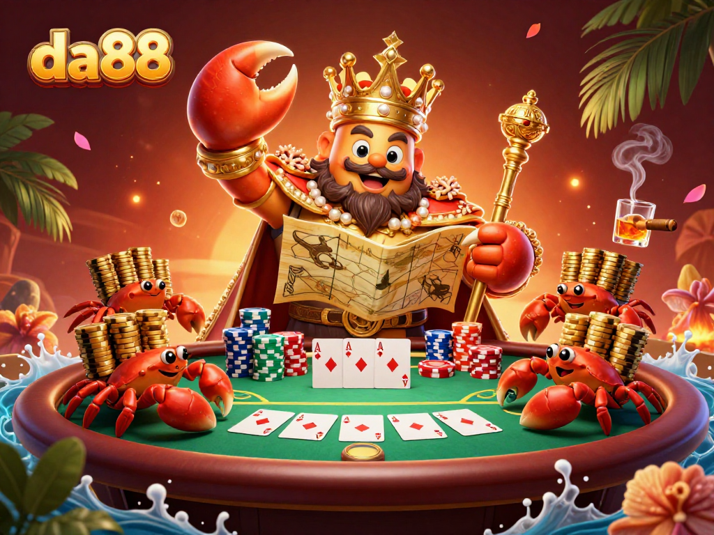 da88 casino illustration showcasing a golden crab emperor with poker elements and vibrant tropical details