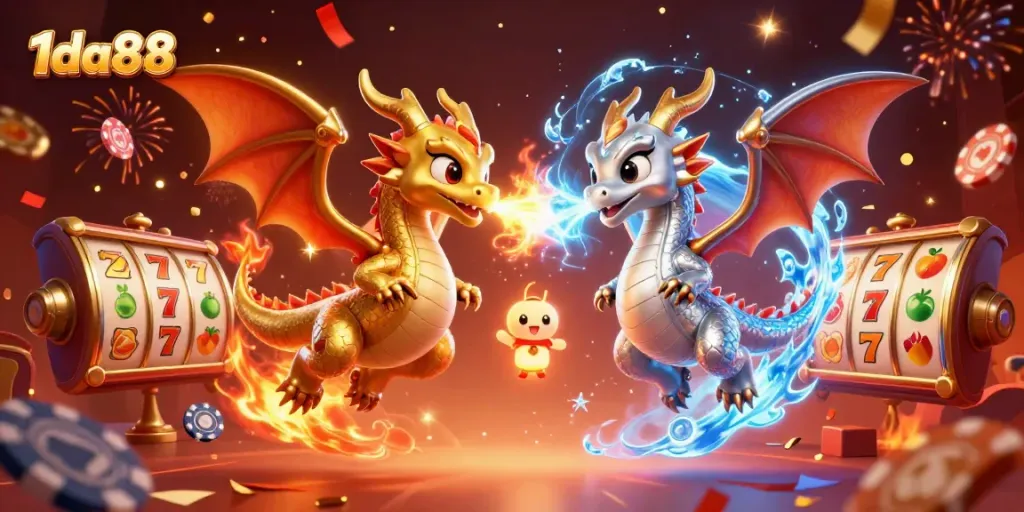 Experience thrilling gameplay with vibrant characters at 1da88, featuring golden dragons and casino symbols.