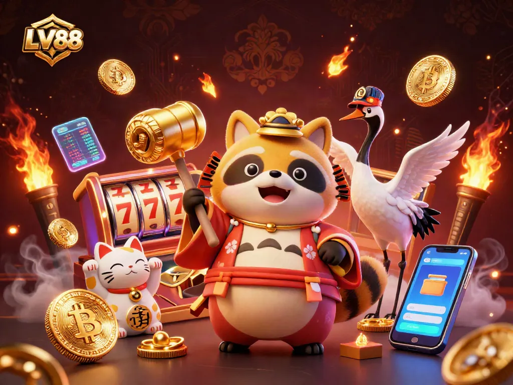 Engage with LV88’s vibrant and bustling slots scene featuring cheerful characters and winning elements.