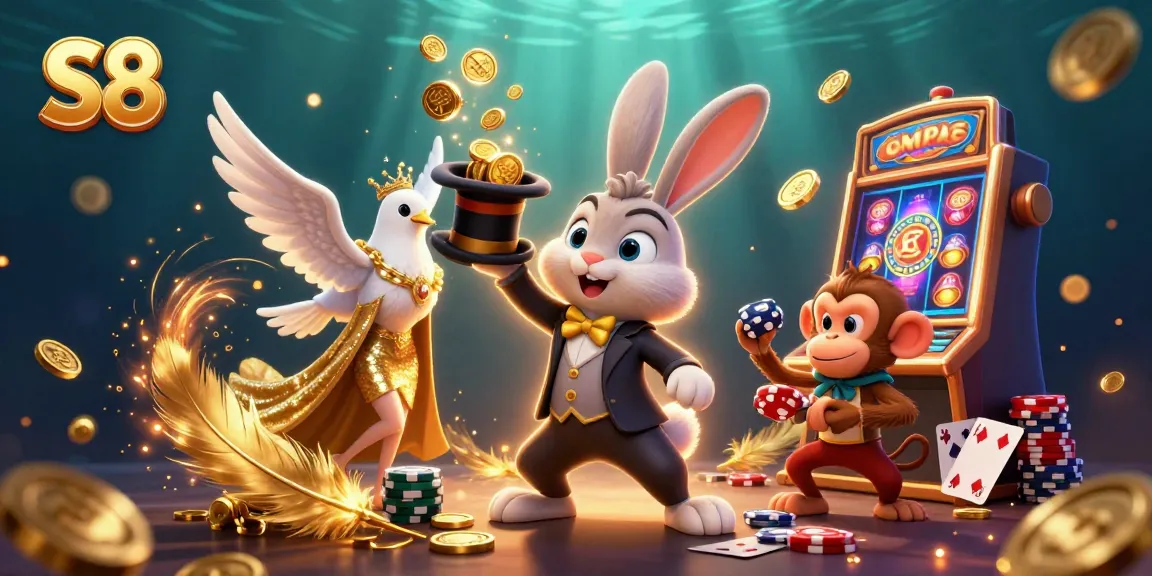 S8 showcases a magical scene with a rabbit, dove, and monkey, immersing players in a vibrant casino atmosphere.