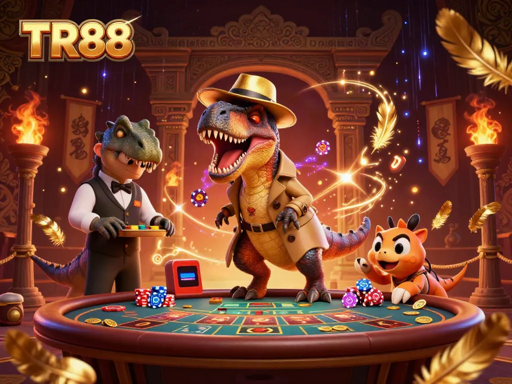 Experience thrilling gameplay at TR88, featuring a cunning velociraptor card counter and unique casino atmosphere.