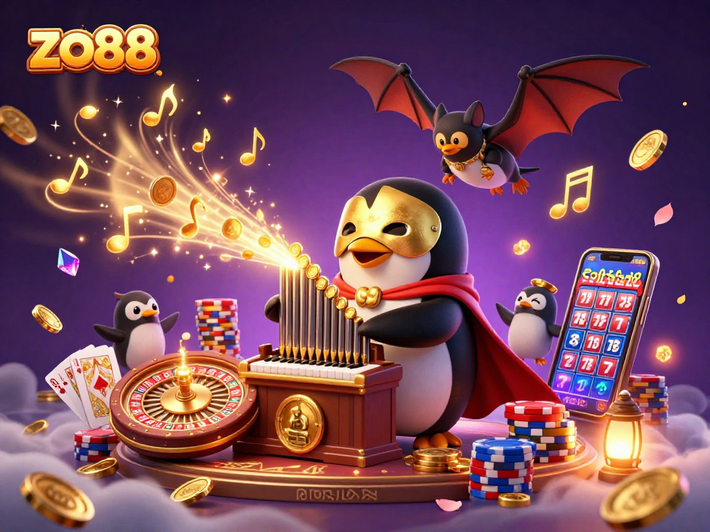 Experience excitement at zo88 with golden coins cascading from a whimsical organ in a vibrant casino scene.