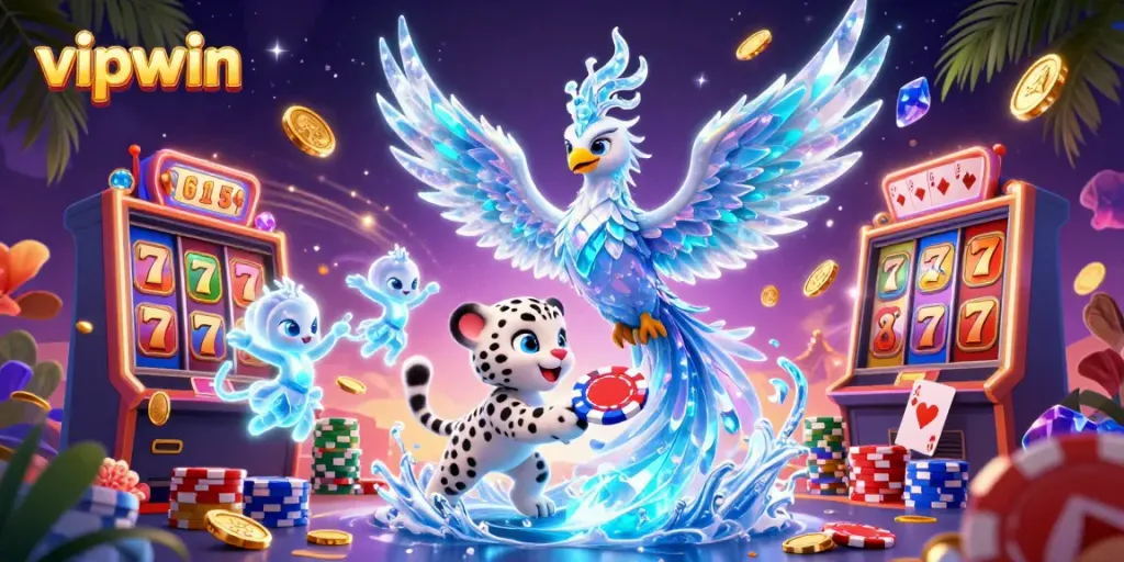 Experience the thrill at vipwin with an enchanting ice phoenix and playful cub, celebrating big wins.