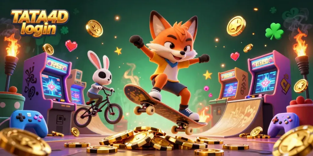 TATA4D login animated scene with a skateboarder fox and BMX-riding rabbit highlighting casino elements.