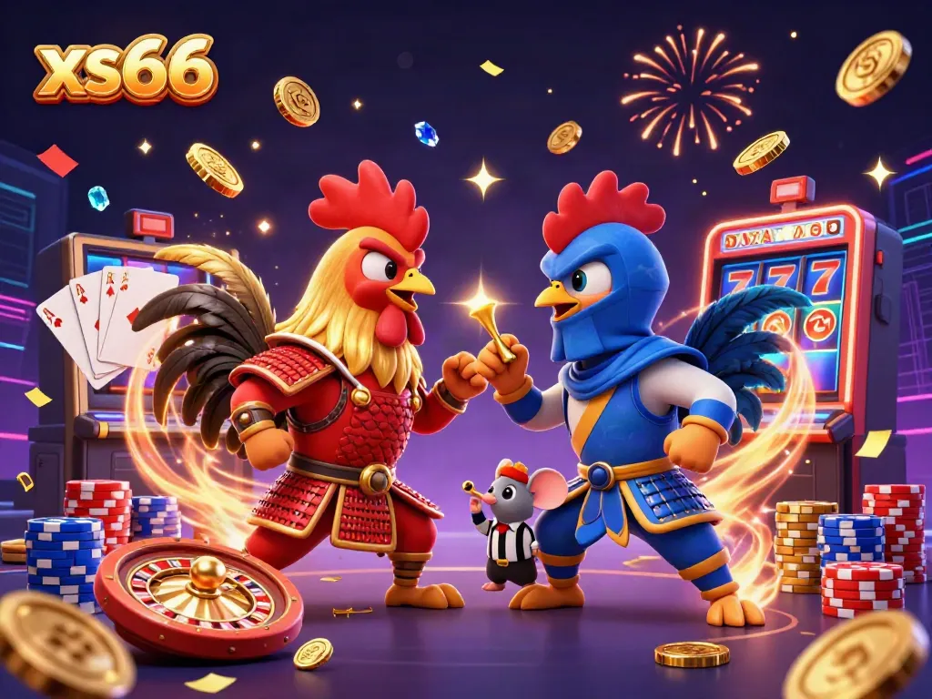 Experience an exciting duel with xs66's vibrant rooster characters amidst a casino atmosphere.