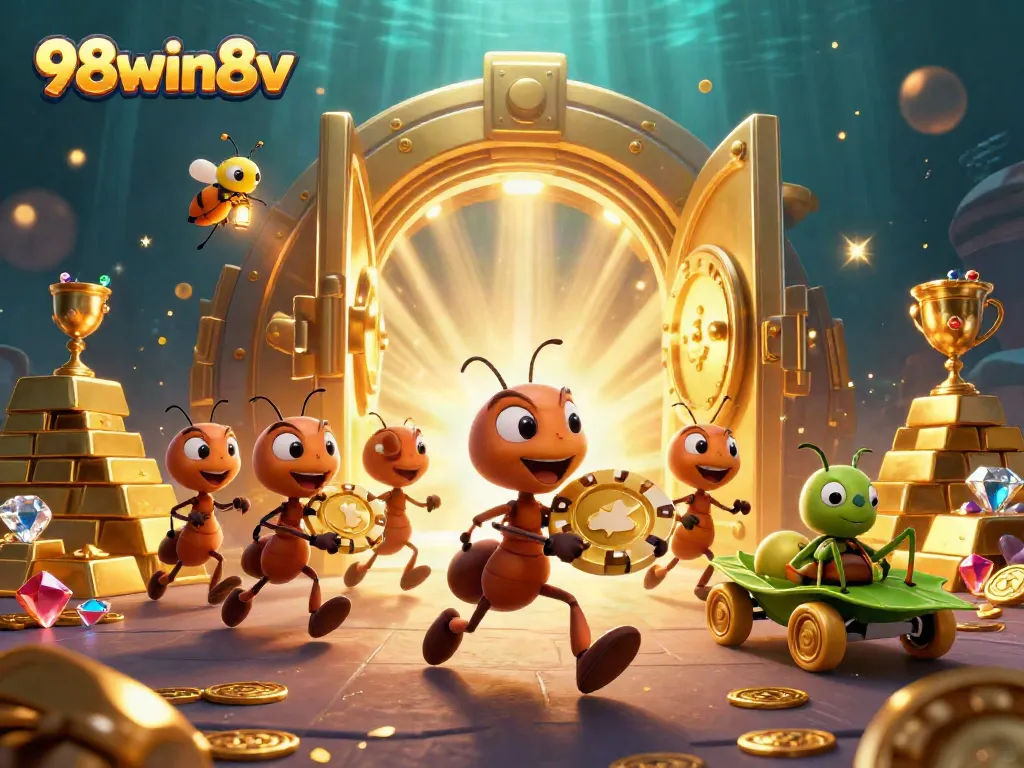 Engage in thrilling action at 98win8v, where cartoon ants heist a giant poker chip amidst sparkling treasures.