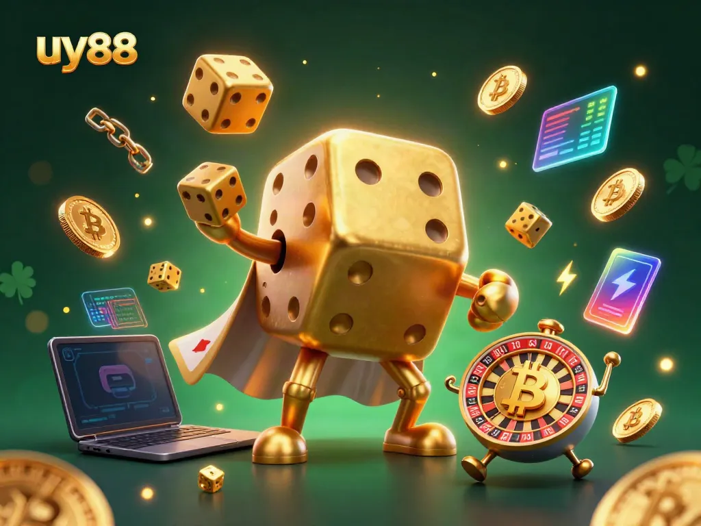 Engage in thrilling gaming with uy88 featuring the lively golden dice golem character amidst dynamic 3D coin action.