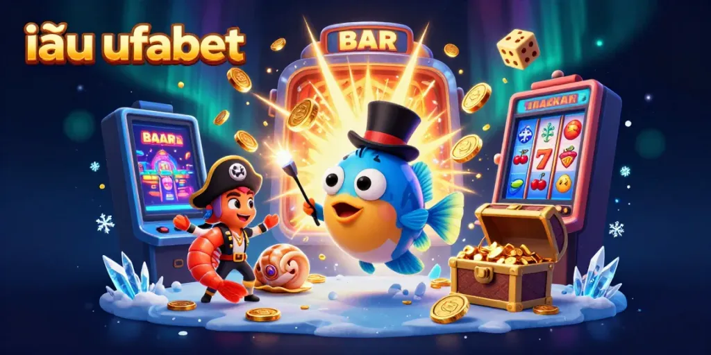 Play ufabet with a captivating scene featuring characters attracting coins in a lively casino setting.